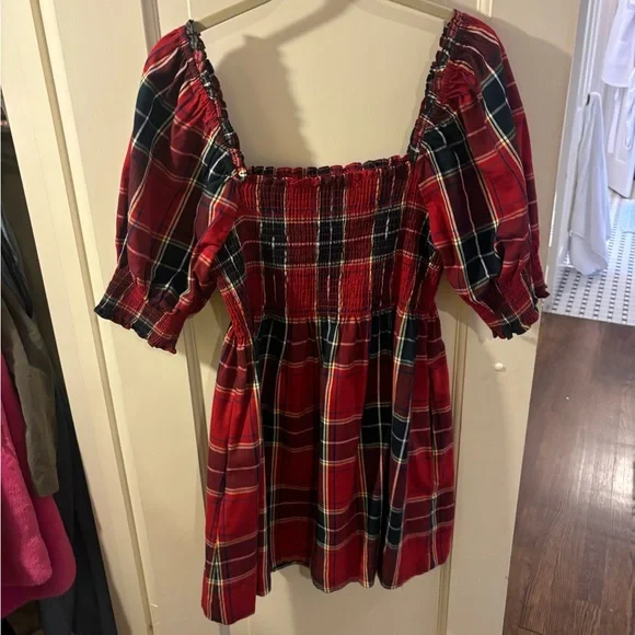 Hill House Athena Nap Cotton Smocked Puff Sleeve Mini Dress Red Tartan Plaid - Picture 2 of 5